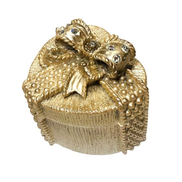 Santini Golden Heart Trinket Box Rhinestone 3" Palm Beach Regency Signed Stamp - Picture 6 of 14